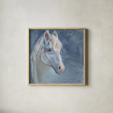Gentle Gray Horse by Sue Schlabach. Shown in a natural wood glass frame for a timeless modern aesthetic. Available as an archival giclee rolled canvas, fine art paper, or poster print. SKU 84820a.