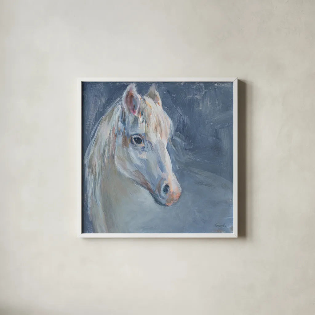 Gentle Gray Horse by Sue Schlabach. Shown in a crisp white glass frame for a clean and minimalist style. Available as an archival giclee rolled canvas, fine art paper, or poster print. SKU 84820a.