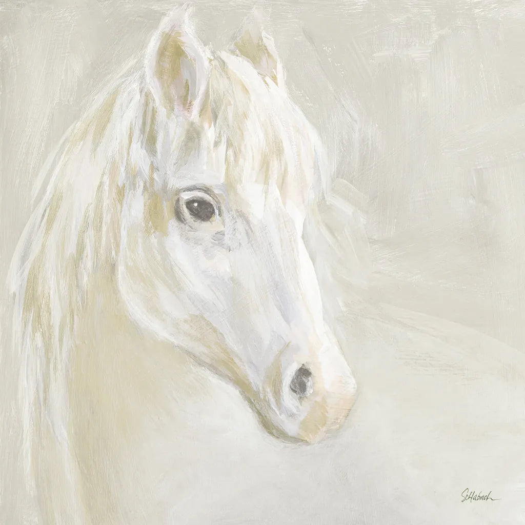 Gentle White Horse by Sue Schlabach. SKU 85032a. Archival Giclee Fine art print for wall decor.