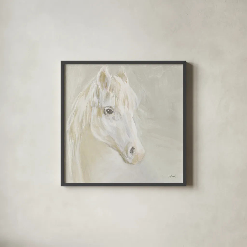 Gentle White Horse by Sue Schlabach. Shown in a sleek black glass frame for a contemporary gallery look. Available as an archival giclee rolled canvas, fine art paper, or poster print. SKU 85032a.