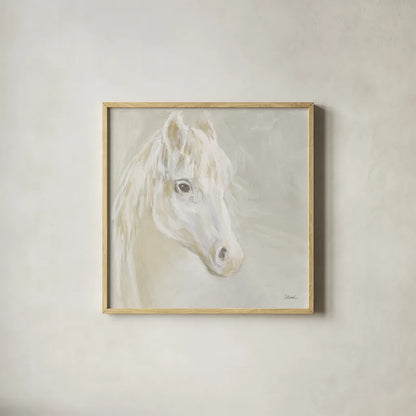 Gentle White Horse by Sue Schlabach. Shown in a natural wood glass frame for a timeless modern aesthetic. Available as an archival giclee rolled canvas, fine art paper, or poster print. SKU 85032a.