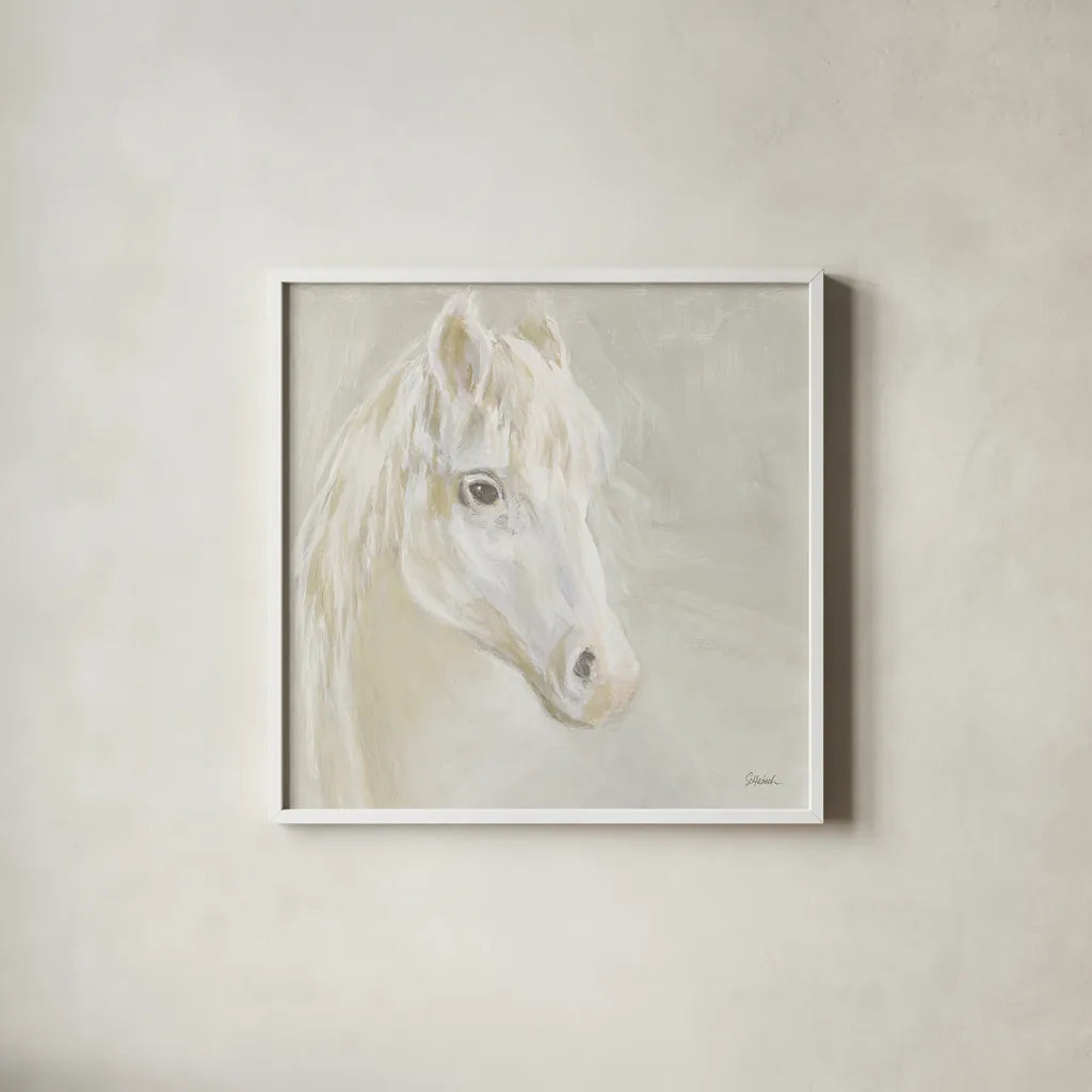 Gentle White Horse by Sue Schlabach. Shown in a crisp white glass frame for a clean and minimalist style. Available as an archival giclee rolled canvas, fine art paper, or poster print. SKU 85032a.