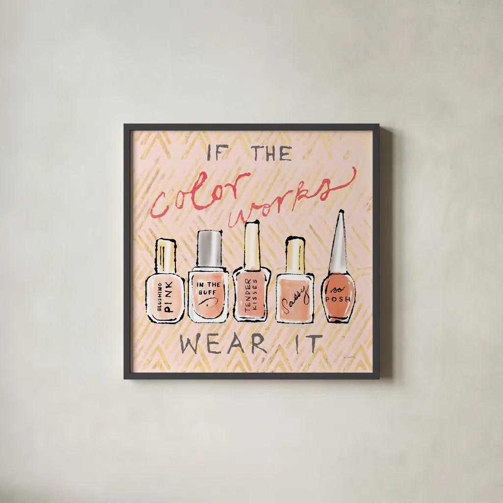 Geo Beauty and Sass I - Wear It by Sue Schlabach. Shown in a sleek black glass frame for a contemporary gallery look. Available as an archival giclee rolled canvas, fine art paper, or poster print. SKU 39693a.