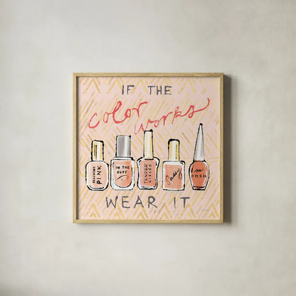 Geo Beauty and Sass I - Wear It by Sue Schlabach. Shown in a natural wood glass frame for a timeless modern aesthetic. Available as an archival giclee rolled canvas, fine art paper, or poster print. SKU 39693a.