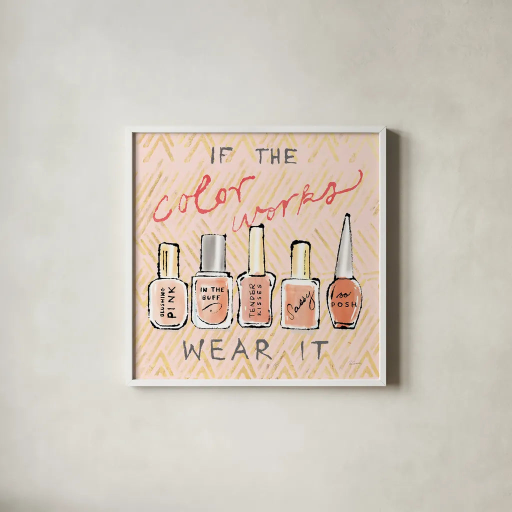 Geo Beauty and Sass I - Wear It by Sue Schlabach. Shown in a crisp white glass frame for a clean and minimalist style. Available as an archival giclee rolled canvas, fine art paper, or poster print. SKU 39693a.