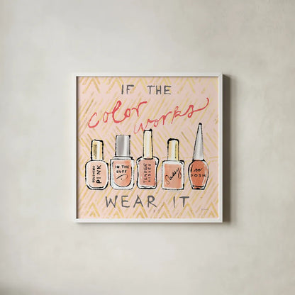 Geo Beauty and Sass I - Wear It by Sue Schlabach. Shown in a crisp white glass frame for a clean and minimalist style. Available as an archival giclee rolled canvas, fine art paper, or poster print. SKU 39693a.