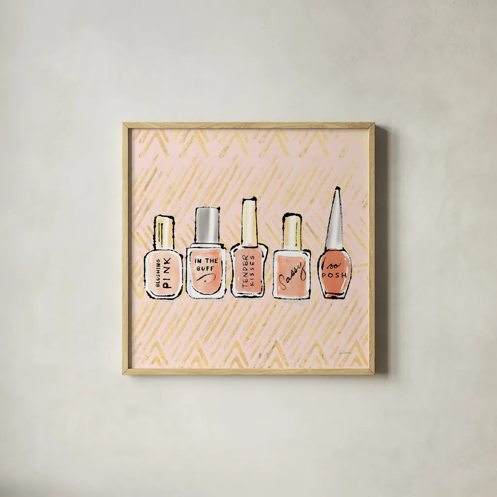 Geo Beauty and Sass I by Sue Schlabach. Shown in a natural wood glass frame for a timeless modern aesthetic. Available as an archival giclee rolled canvas, fine art paper, or poster print. SKU 39651a.