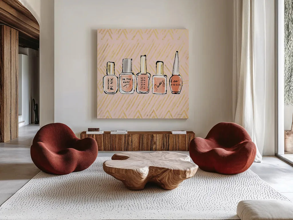 Geo Beauty and Sass I by Sue Schlabach. Shown as extra-large giant wall art in a modern living room. Available as an archival giclee rolled canvas, fine art paper, or poster print. SKU 39651a.