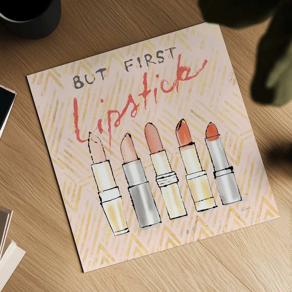Geo Beauty and Sass II - Lipstick First by Sue Schlabach. Shown as a detailed flat fine art print, highlighting archival giclee quality. Available as an archival giclee rolled canvas, fine art paper, or poster print. SKU 39694a.