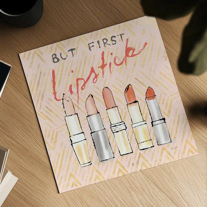 Geo Beauty and Sass II - Lipstick First by Sue Schlabach. Shown as a detailed flat fine art print, highlighting archival giclee quality. Available as an archival giclee rolled canvas, fine art paper, or poster print. SKU 39694a.