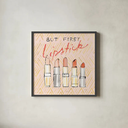 Geo Beauty and Sass II - Lipstick First by Sue Schlabach. Shown in a sleek black glass frame for a contemporary gallery look. Available as an archival giclee rolled canvas, fine art paper, or poster print. SKU 39694a.