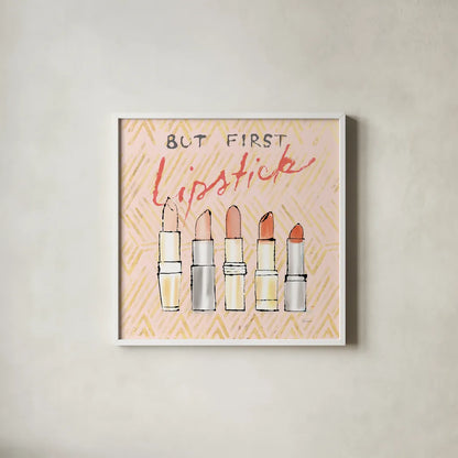 Geo Beauty and Sass II - Lipstick First by Sue Schlabach. Shown in a crisp white glass frame for a clean and minimalist style. Available as an archival giclee rolled canvas, fine art paper, or poster print. SKU 39694a.