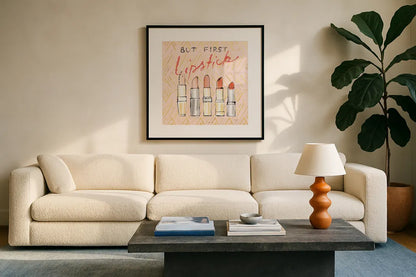 Geo Beauty and Sass II - Lipstick First by Sue Schlabach. Displayed in a glass frame with matte in a clean modern living room. Available as an archival giclee rolled canvas, fine art paper, or poster print. SKU 39694a.