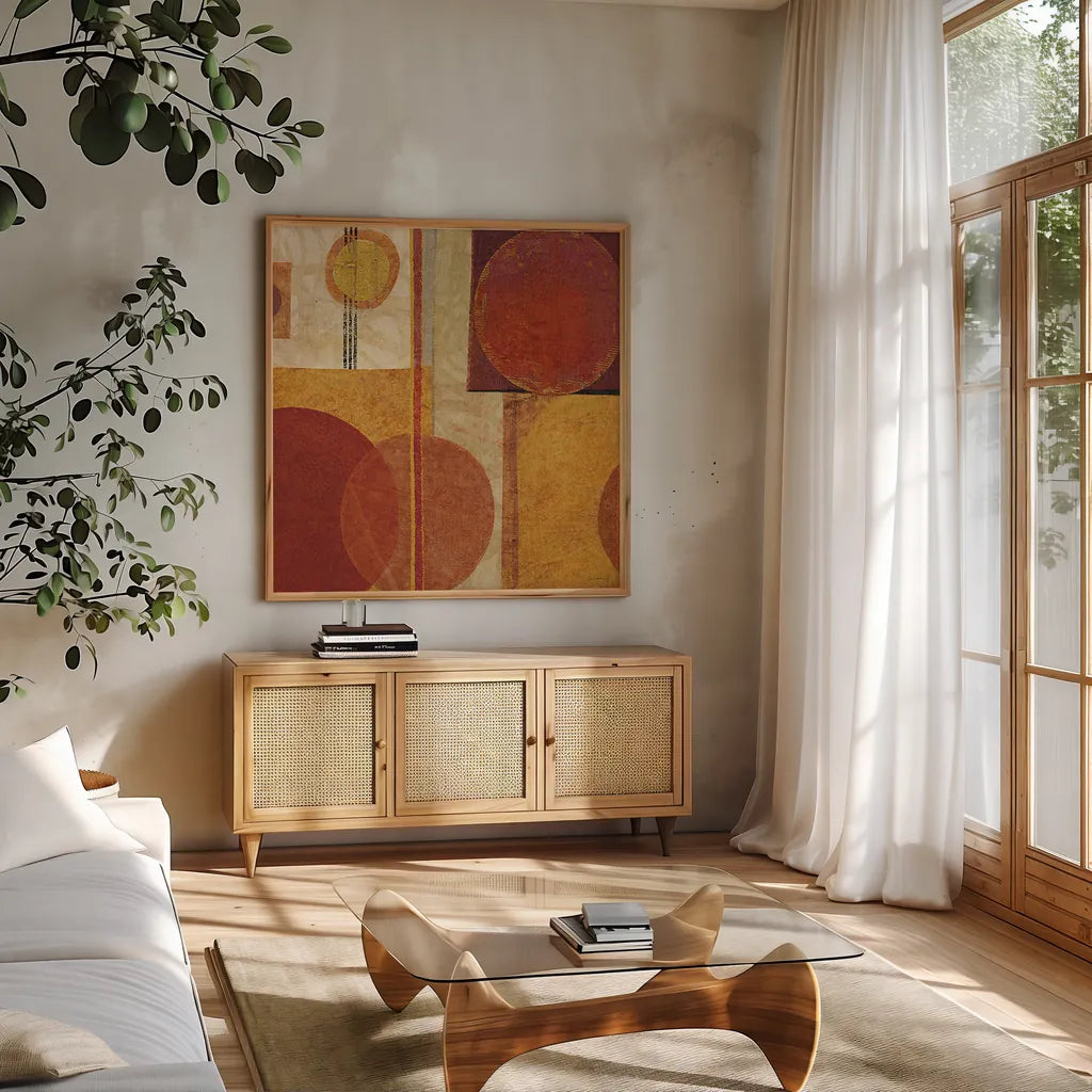 Geo Tea I by Sue Schlabach. Shown in a natural wood frame in a cozy modern living room. Available as an archival giclee rolled canvas, fine art paper, or poster print. SKU 4930a.