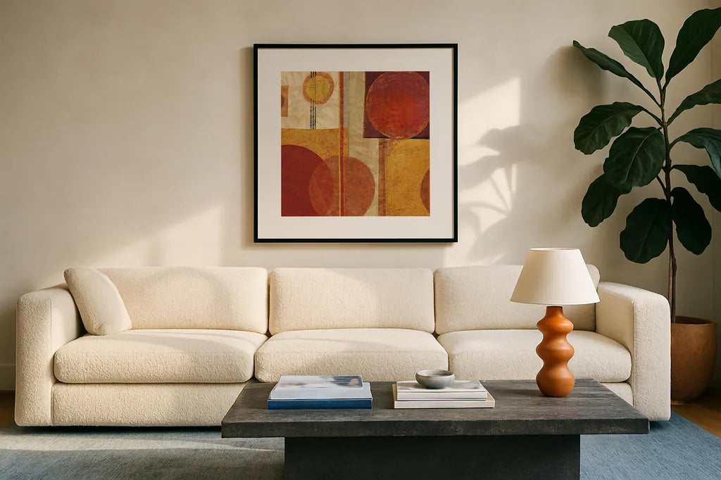 Geo Tea I by Sue Schlabach. Displayed in a glass frame with matte in a clean modern living room. Available as an archival giclee rolled canvas, fine art paper, or poster print. SKU 4930a.