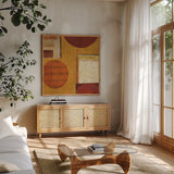 Geo Tea II by Sue Schlabach. Shown in a natural wood frame in a cozy modern living room. Available as an archival giclee rolled canvas, fine art paper, or poster print. SKU 4931a.