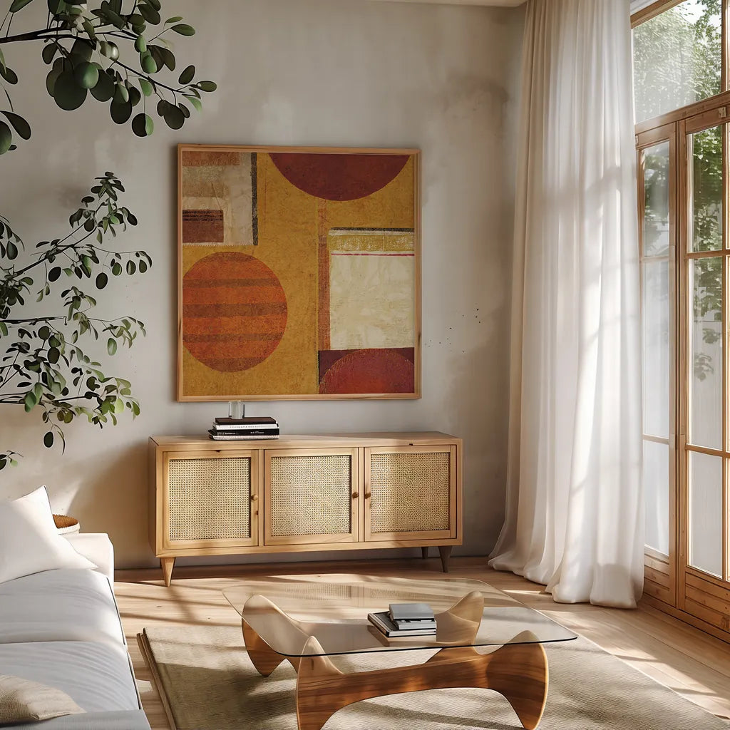 Geo Tea II by Sue Schlabach. Shown in a natural wood frame in a cozy modern living room. Available as an archival giclee rolled canvas, fine art paper, or poster print. SKU 4931a.