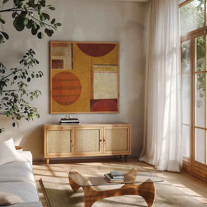 Geo Tea II by Sue Schlabach. Shown in a natural wood frame in a cozy modern living room. Available as an archival giclee rolled canvas, fine art paper, or poster print. SKU 4931a.