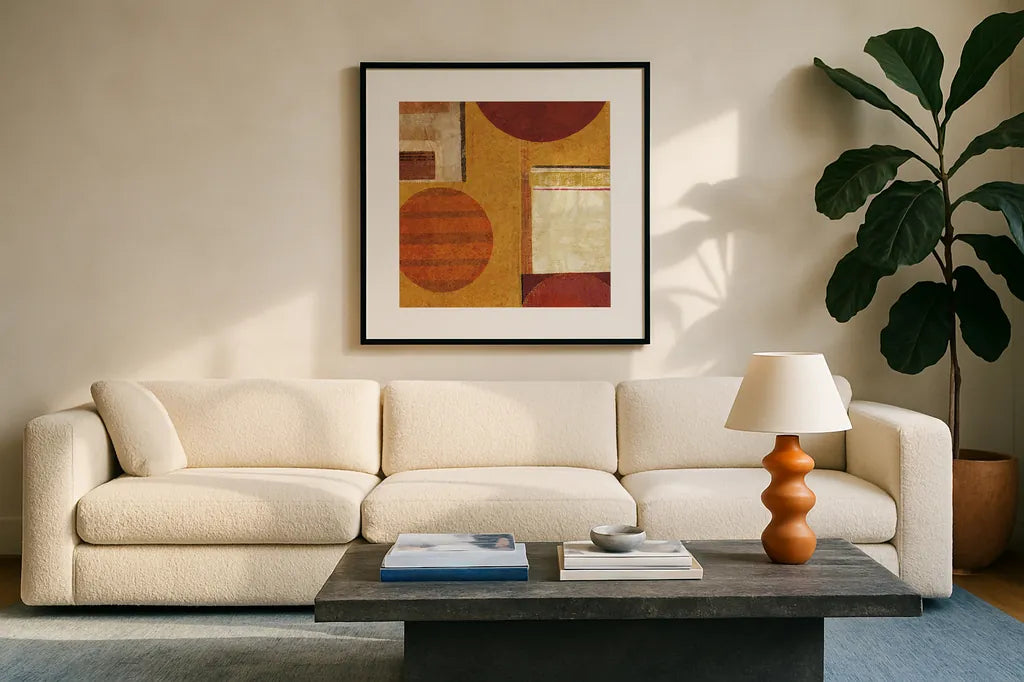 Geo Tea II by Sue Schlabach. Displayed in a glass frame with matte in a clean modern living room. Available as an archival giclee rolled canvas, fine art paper, or poster print. SKU 4931a.