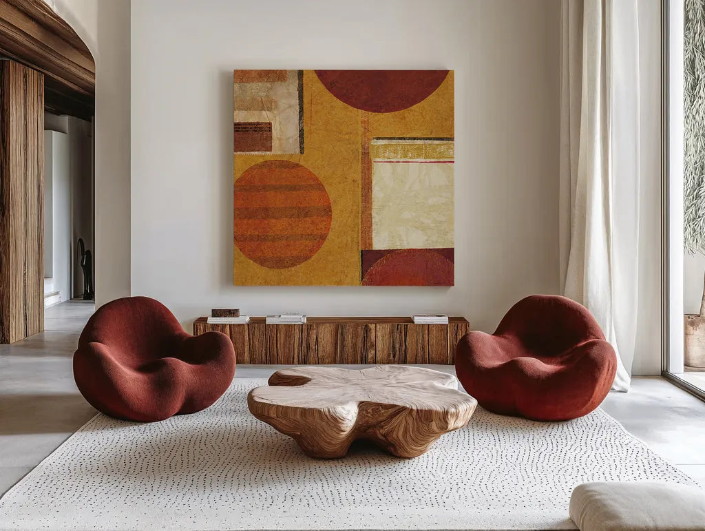 Geo Tea II by Sue Schlabach. Shown as extra-large giant wall art in a modern living room. Available as an archival giclee rolled canvas, fine art paper, or poster print. SKU 4931a.