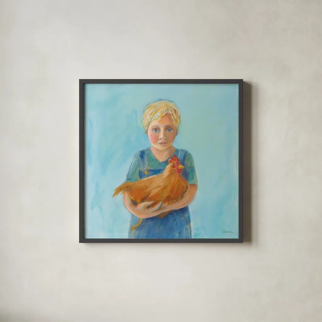 Georges Hen by Sue Schlabach. Shown in a sleek black glass frame for a contemporary gallery look. Available as an archival giclee rolled canvas, fine art paper, or poster print. SKU 82697a.