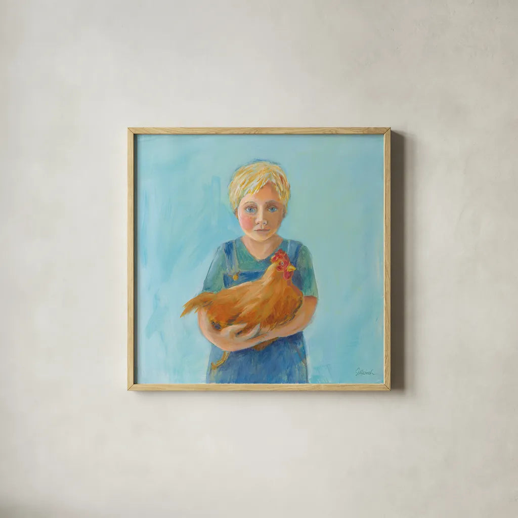 Georges Hen by Sue Schlabach. Shown in a natural wood glass frame for a timeless modern aesthetic. Available as an archival giclee rolled canvas, fine art paper, or poster print. SKU 82697a.