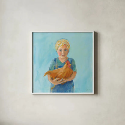 Georges Hen by Sue Schlabach. Shown in a crisp white glass frame for a clean and minimalist style. Available as an archival giclee rolled canvas, fine art paper, or poster print. SKU 82697a.