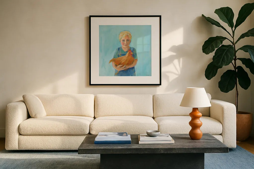 Georges Hen by Sue Schlabach. Displayed in a glass frame with matte in a clean modern living room. Available as an archival giclee rolled canvas, fine art paper, or poster print. SKU 82697a.