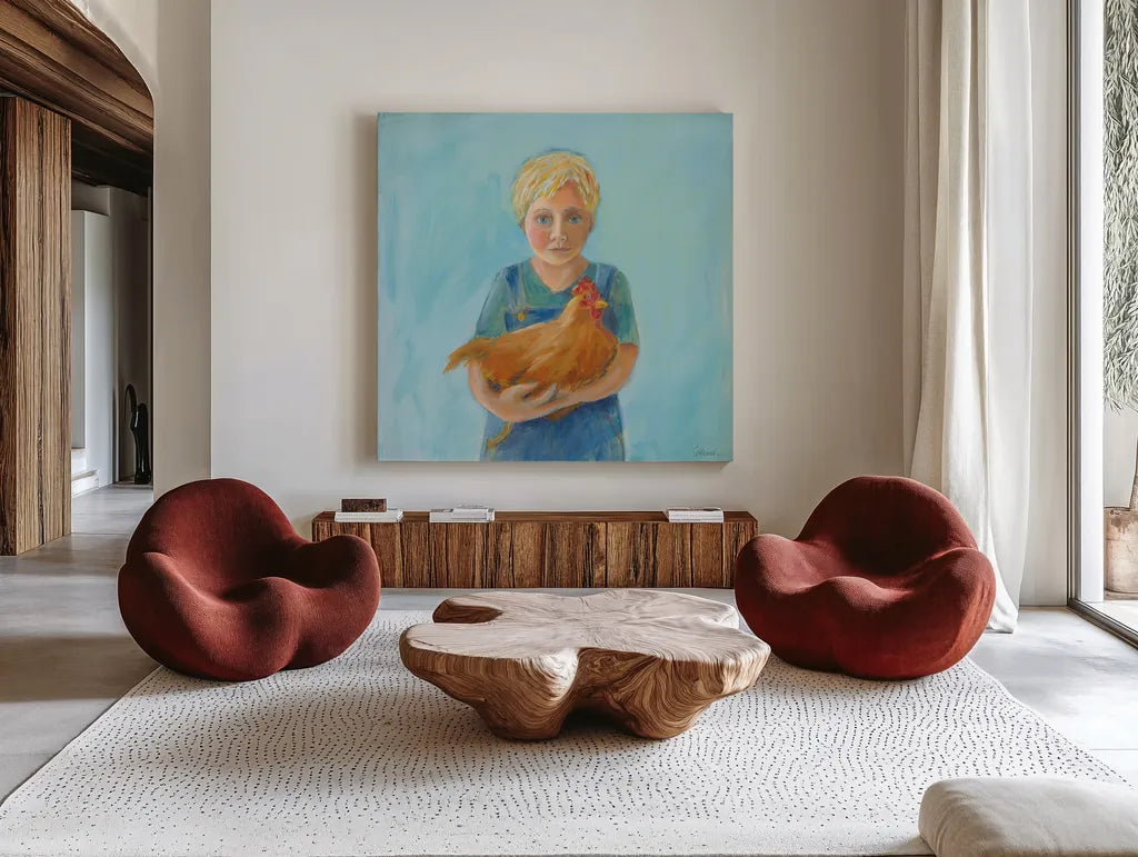 Georges Hen by Sue Schlabach. Shown as extra-large giant wall art in a modern living room. Available as an archival giclee rolled canvas, fine art paper, or poster print. SKU 82697a.