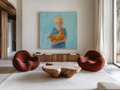 Georges Hen by Sue Schlabach. Shown as extra-large giant wall art in a modern living room. Available as an archival giclee rolled canvas, fine art paper, or poster print. SKU 82697a.