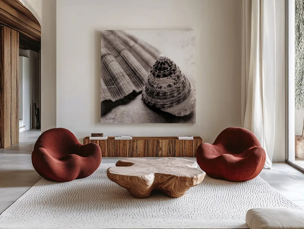 Gifts from the Sea Square by Sue Schlabach. Shown as extra-large giant wall art in a modern living room. Available as an archival giclee rolled canvas, fine art paper, or poster print. SKU 5846a.