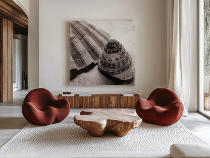 Gifts from the Sea Square by Sue Schlabach. Shown as extra-large giant wall art in a modern living room. Available as an archival giclee rolled canvas, fine art paper, or poster print. SKU 5846a.