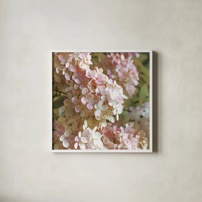 Gilded Hydrangea I Color by Sue Schlabach. Shown in a crisp white glass frame for a clean and minimalist style. Available as an archival giclee rolled canvas, fine art paper, or poster print. SKU 34135a.