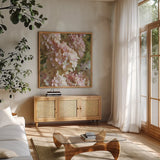 Gilded Hydrangea I Color by Sue Schlabach. Shown in a natural wood frame in a cozy modern living room. Available as an archival giclee rolled canvas, fine art paper, or poster print. SKU 34135a.