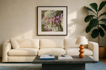 Gilded Hydrangea II Color by Sue Schlabach. Displayed in a glass frame with matte in a clean modern living room. Available as an archival giclee rolled canvas, fine art paper, or poster print. SKU 34136a.