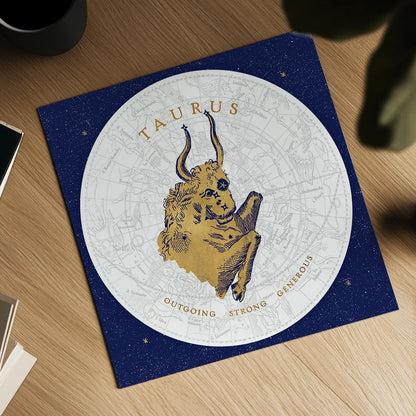 Gilded Zodiac Taurus by Sue Schlabach. Shown as a detailed flat fine art print, highlighting archival giclee quality. Available as an archival giclee rolled canvas, fine art paper, or poster print. SKU 18366a.
