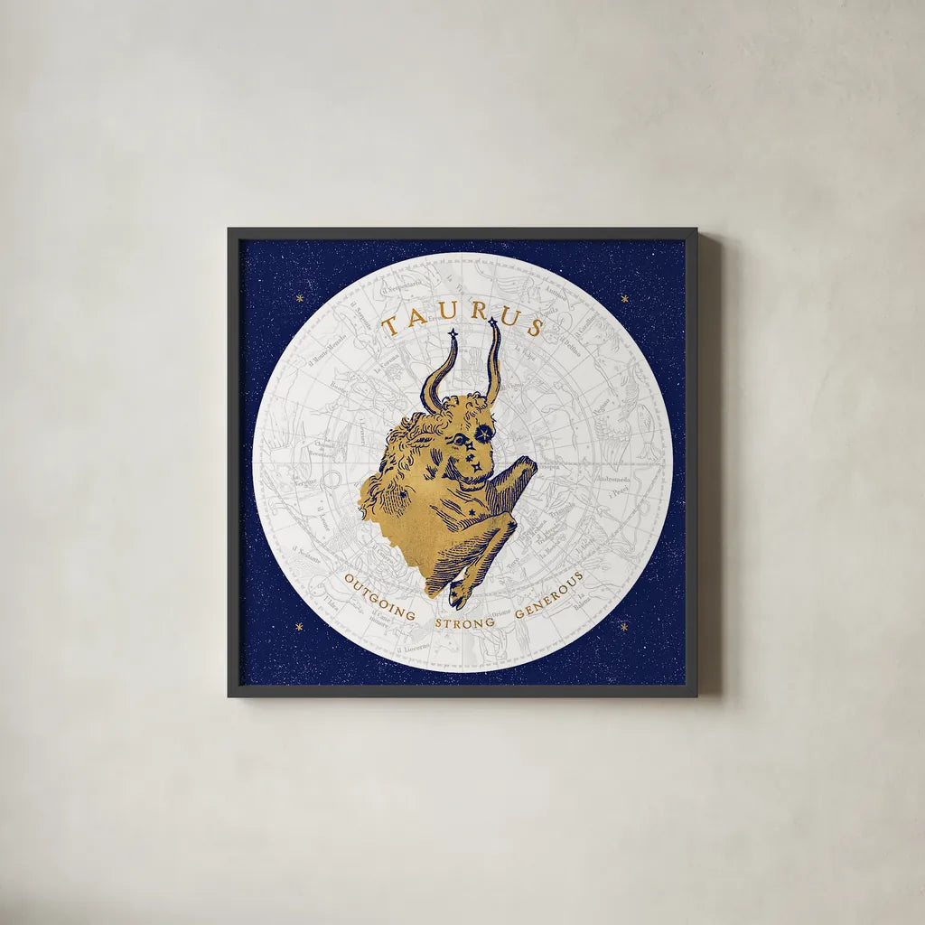 Gilded Zodiac Taurus by Sue Schlabach. Shown in a sleek black glass frame for a contemporary gallery look. Available as an archival giclee rolled canvas, fine art paper, or poster print. SKU 18366a.