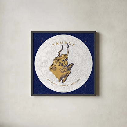 Gilded Zodiac Taurus by Sue Schlabach. Shown in a sleek black glass frame for a contemporary gallery look. Available as an archival giclee rolled canvas, fine art paper, or poster print. SKU 18366a.