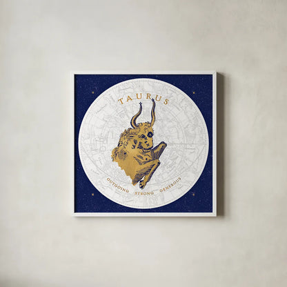 Gilded Zodiac Taurus by Sue Schlabach. Shown in a crisp white glass frame for a clean and minimalist style. Available as an archival giclee rolled canvas, fine art paper, or poster print. SKU 18366a.