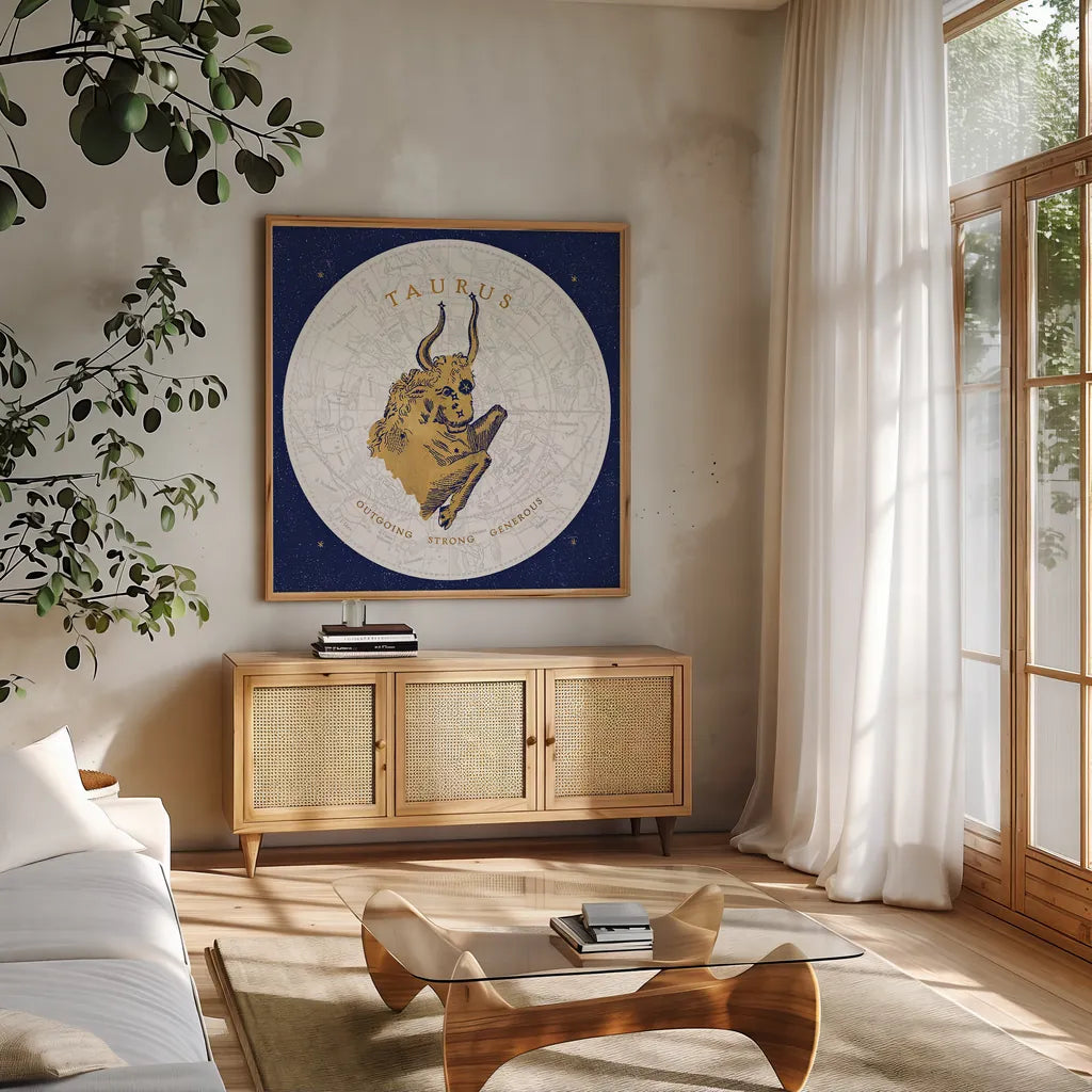 Gilded Zodiac Taurus by Sue Schlabach. Shown in a natural wood frame in a cozy modern living room. Available as an archival giclee rolled canvas, fine art paper, or poster print. SKU 18366a.
