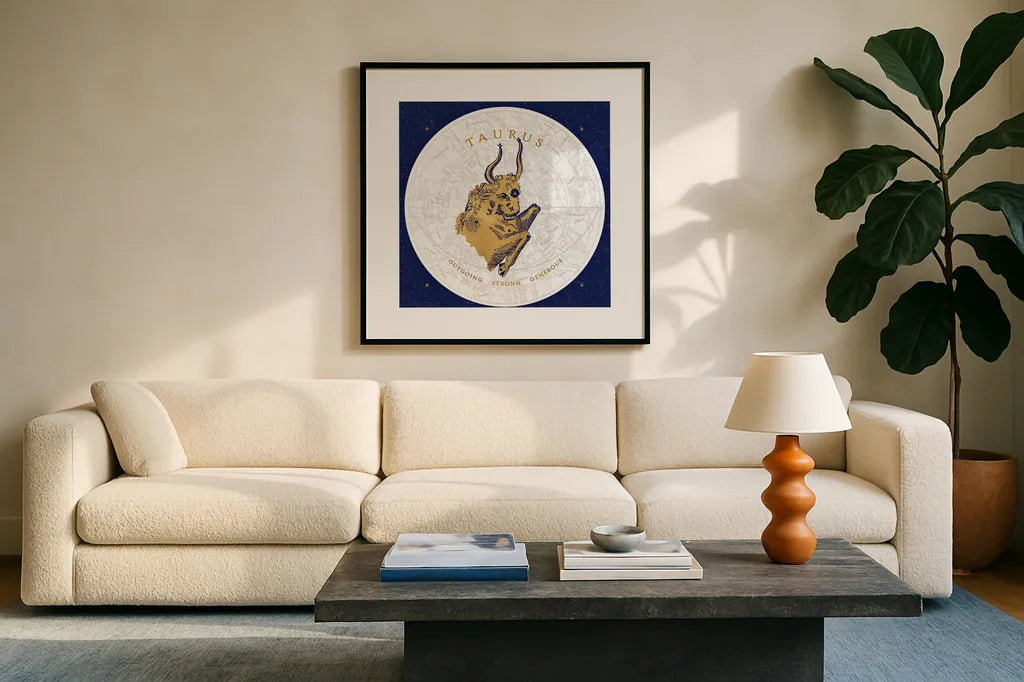 Gilded Zodiac Taurus by Sue Schlabach. Displayed in a glass frame with matte in a clean modern living room. Available as an archival giclee rolled canvas, fine art paper, or poster print. SKU 18366a.
