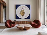 Gilded Zodiac Taurus by Sue Schlabach. Shown as extra-large giant wall art in a modern living room. Available as an archival giclee rolled canvas, fine art paper, or poster print. SKU 18366a.