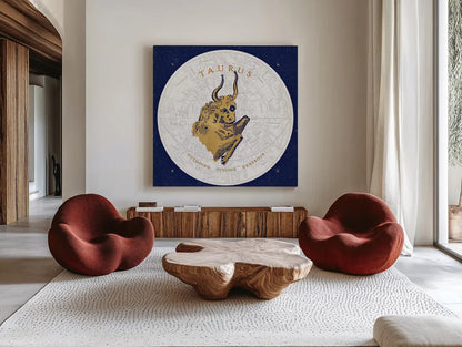 Gilded Zodiac Taurus by Sue Schlabach. Shown as extra-large giant wall art in a modern living room. Available as an archival giclee rolled canvas, fine art paper, or poster print. SKU 18366a.