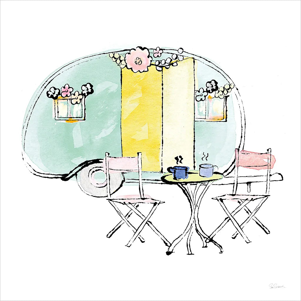 Girlfriends Cabin III Sq no Words by Sue Schlabach. SKU 30490a. Archival Giclee Fine art print for wall decor.