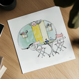 Girlfriends Cabin III Sq no Words by Sue Schlabach. Shown as a detailed flat fine art print, highlighting archival giclee quality. Available as an archival giclee rolled canvas, fine art paper, or poster print. SKU 30490a.