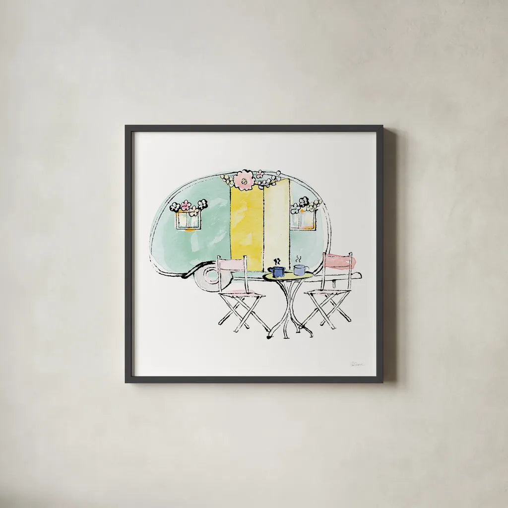 Girlfriends Cabin III Sq no Words by Sue Schlabach. Shown in a sleek black glass frame for a contemporary gallery look. Available as an archival giclee rolled canvas, fine art paper, or poster print. SKU 30490a.