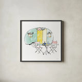 Girlfriends Cabin III Sq no Words by Sue Schlabach. Shown in a sleek black glass frame for a contemporary gallery look. Available as an archival giclee rolled canvas, fine art paper, or poster print. SKU 30490a.