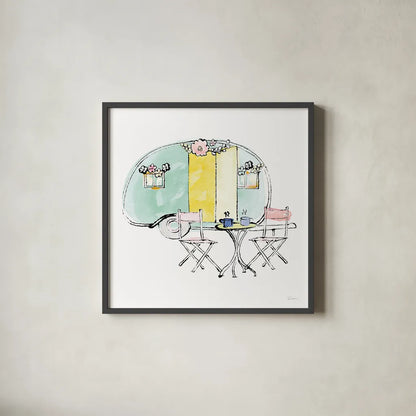 Girlfriends Cabin III Sq no Words by Sue Schlabach. Shown in a sleek black glass frame for a contemporary gallery look. Available as an archival giclee rolled canvas, fine art paper, or poster print. SKU 30490a.