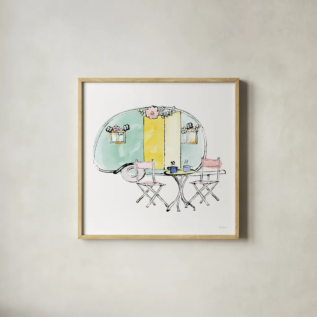 Girlfriends Cabin III Sq no Words by Sue Schlabach. Shown in a natural wood glass frame for a timeless modern aesthetic. Available as an archival giclee rolled canvas, fine art paper, or poster print. SKU 30490a.