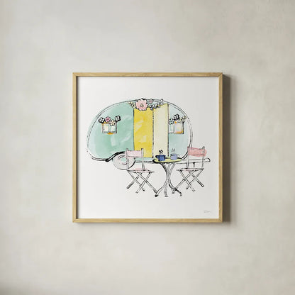 Girlfriends Cabin III Sq no Words by Sue Schlabach. Shown in a natural wood glass frame for a timeless modern aesthetic. Available as an archival giclee rolled canvas, fine art paper, or poster print. SKU 30490a.